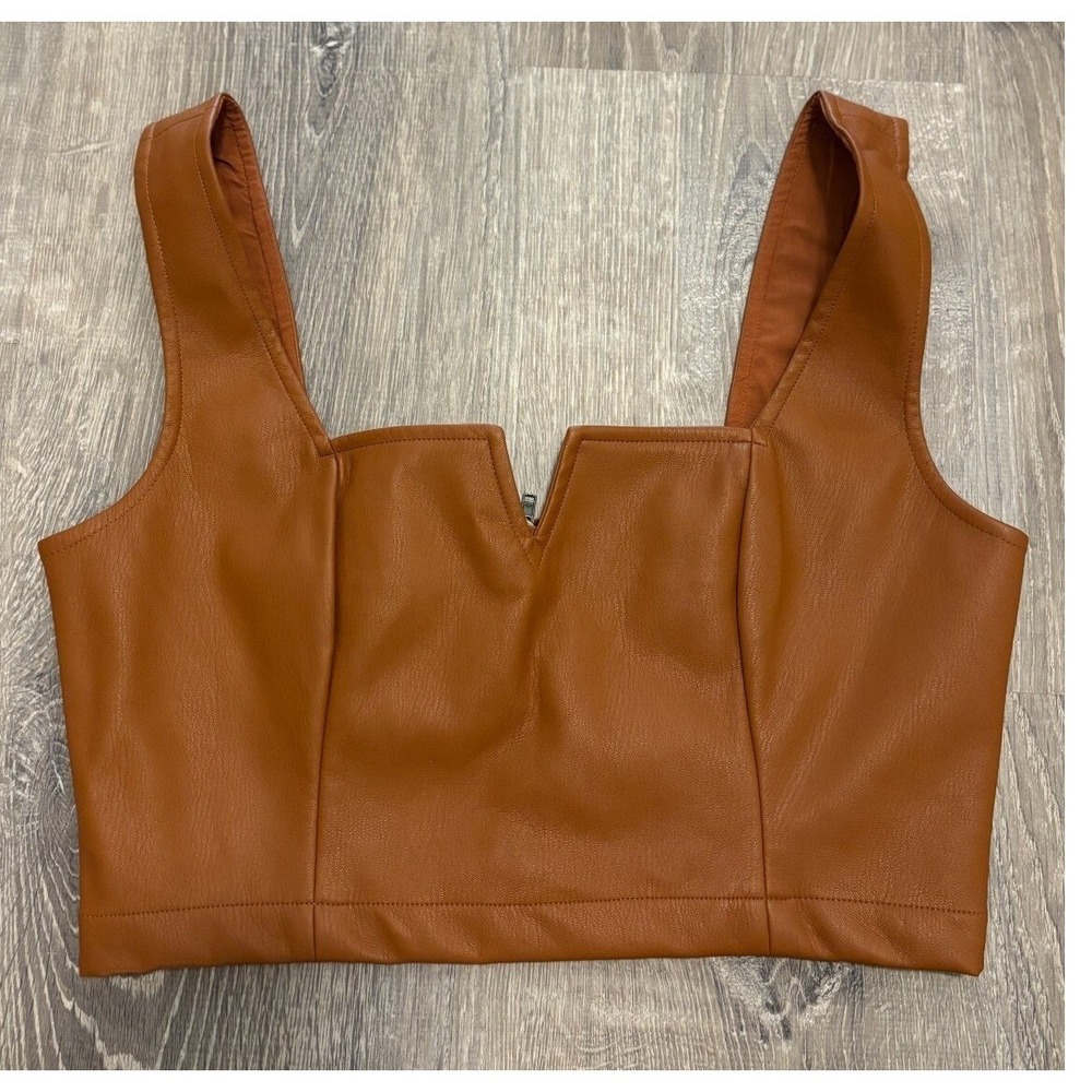 Maeve Anthropologie Faux Leather Crop Top Brown Notched Neck Zip Back Size 6 NEW